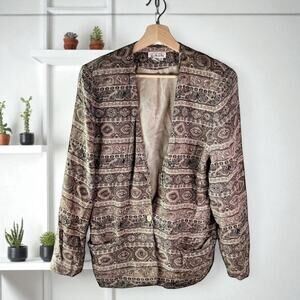 Talbots Women's 16 Vintage Label 100% Silk Tan & Brown One Button Blazer Jacket